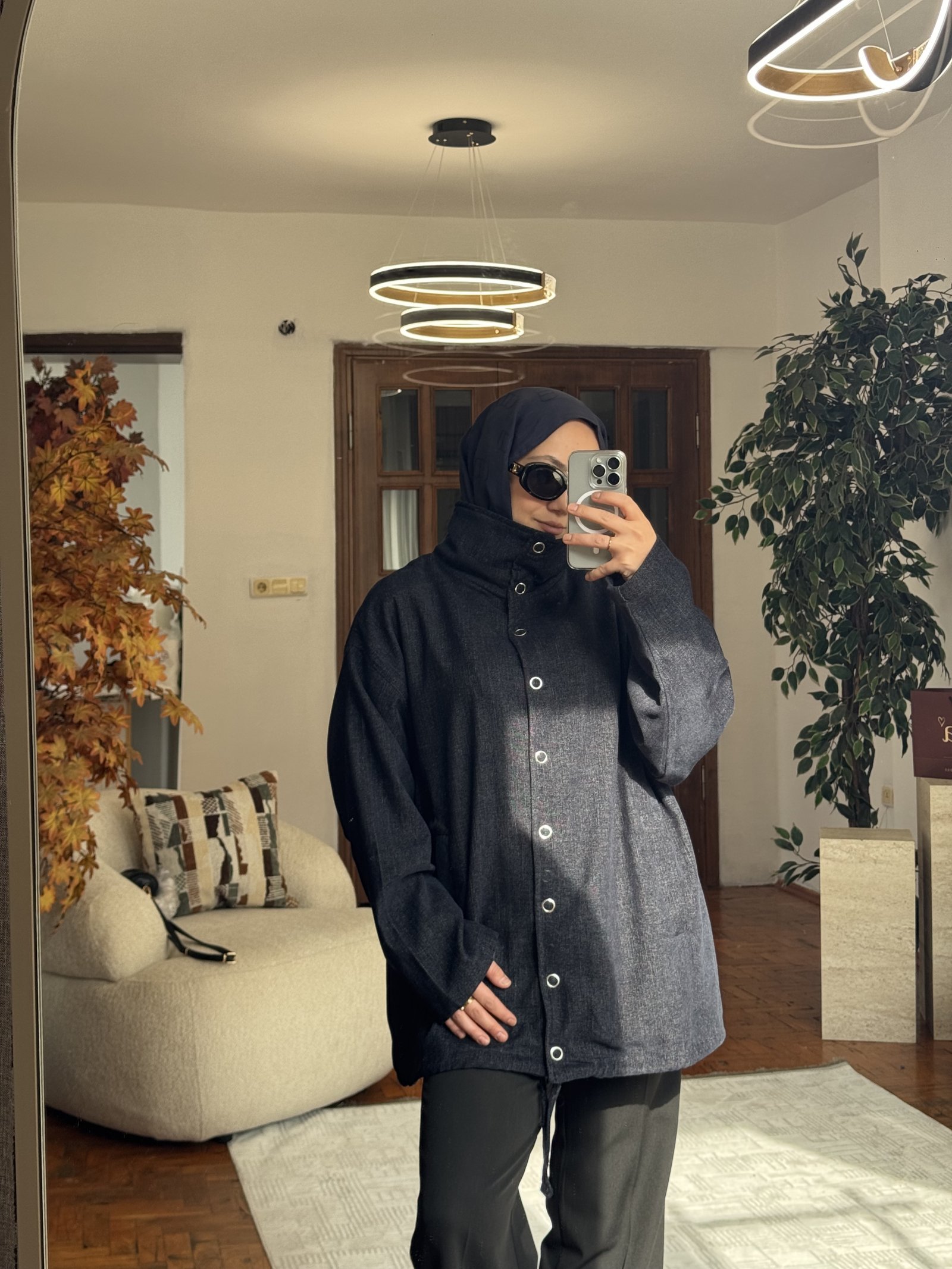 Lacivert Kadife Dokulu Dikyaka Çıtçıtlı Oversize Ceket